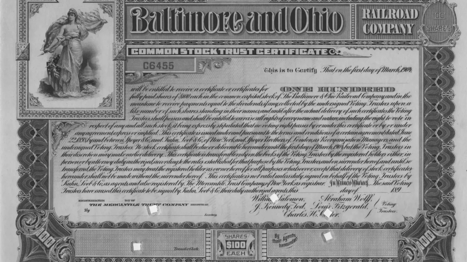 A 1904 Baltimore and Ohio Railroad common stock trust certificate for one hundred shares, an ornate engraved document with an allegorical figure at the left.