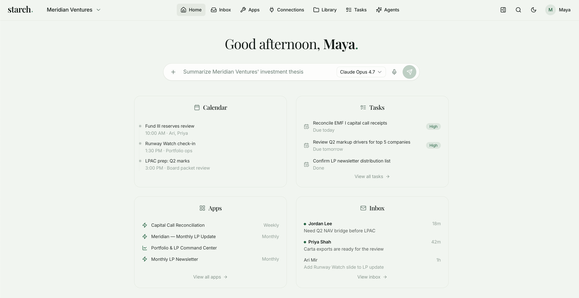 The Starch workspace home: a daily brief with calendar, tasks, connected apps, and a unified inbox, with agents ready to act.